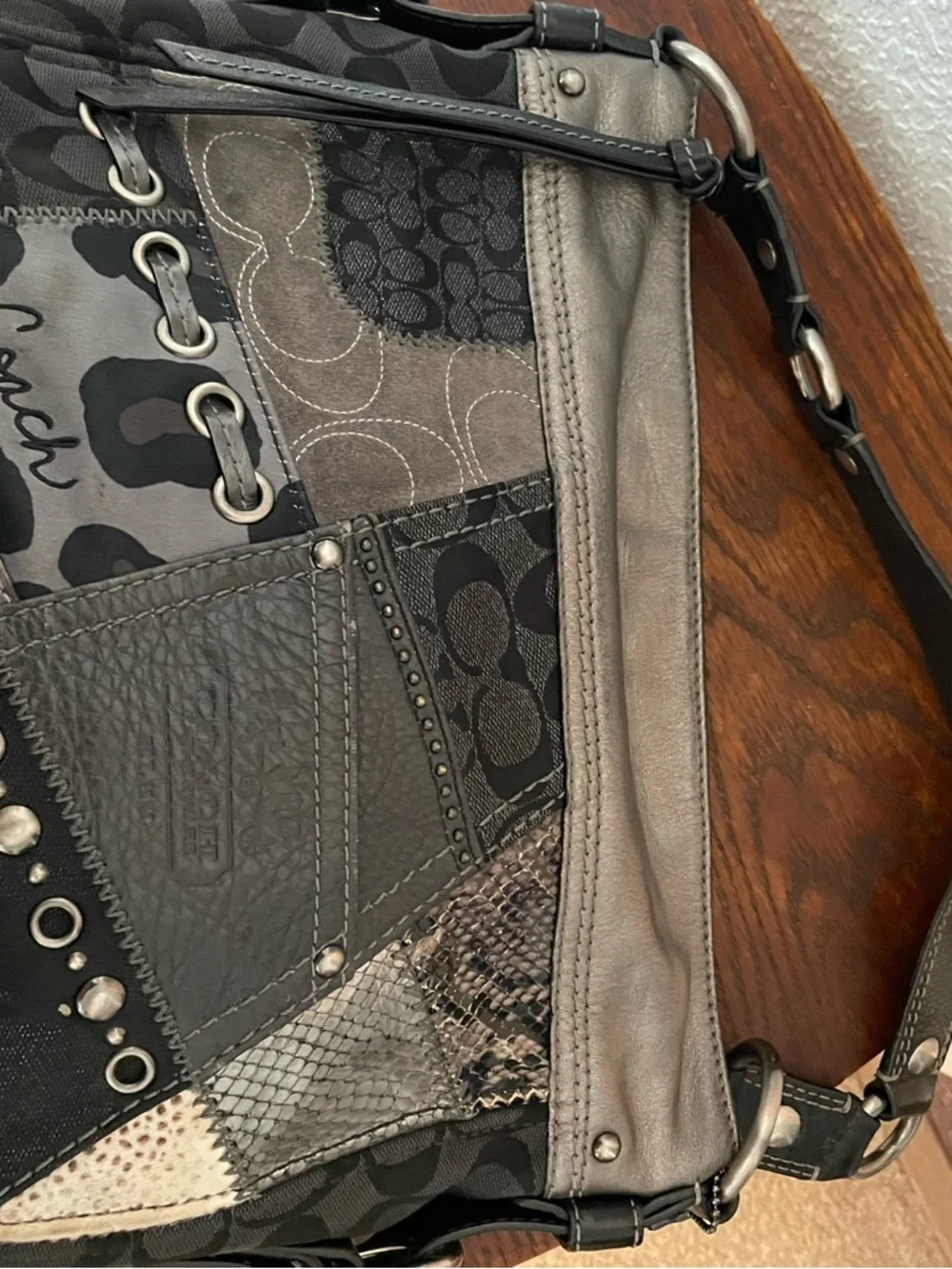 Gorgeous rare Coach shoulder bag. Black and shades of gray patchwork. - Picture 4 of 8